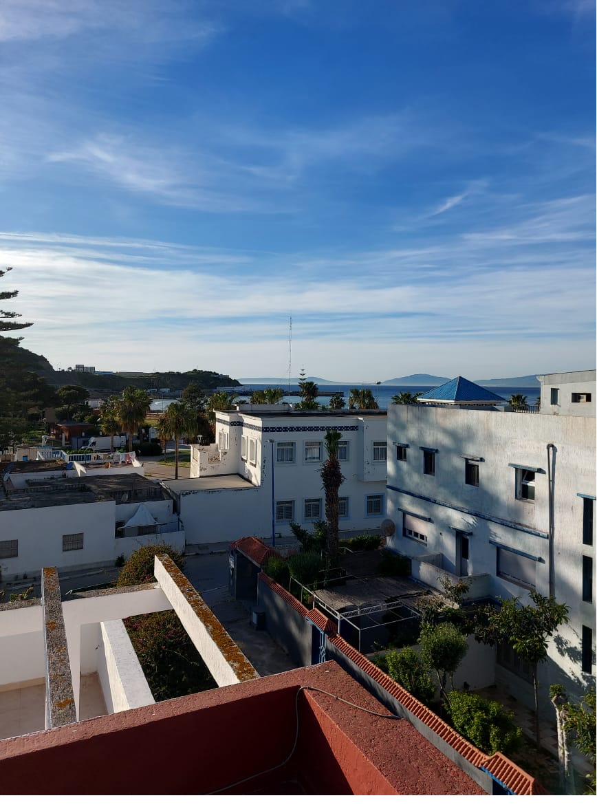 Vue panoramique du rooftop de Dar Kamilia sur le détroit de Gibraltar et les palmiers de Ksar Frir
